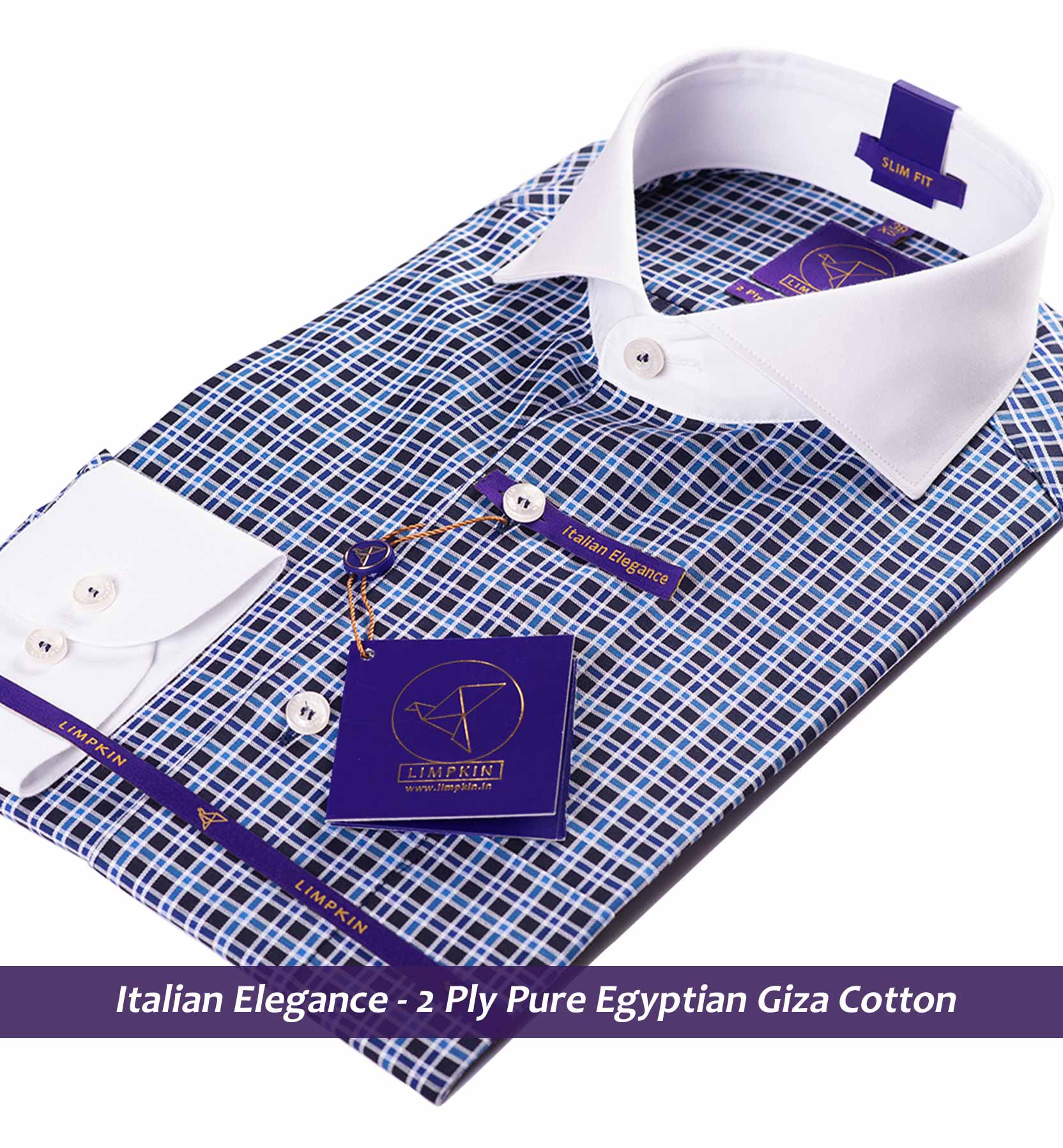 Davos- Navy & Azure Blue Check- White Collar